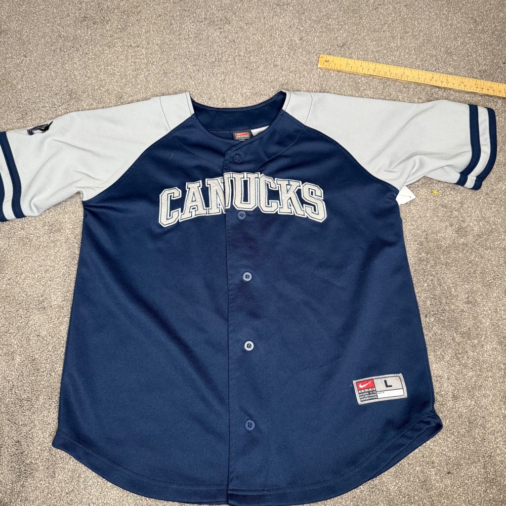 Kids Vancouver Canucks NHL Baseball Jersey Nike Team‎ L Blue Gray Patch